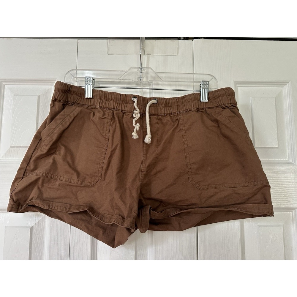 Pact Women's Brown Twill Shorts L Drawstring Elastic Waist Pockets